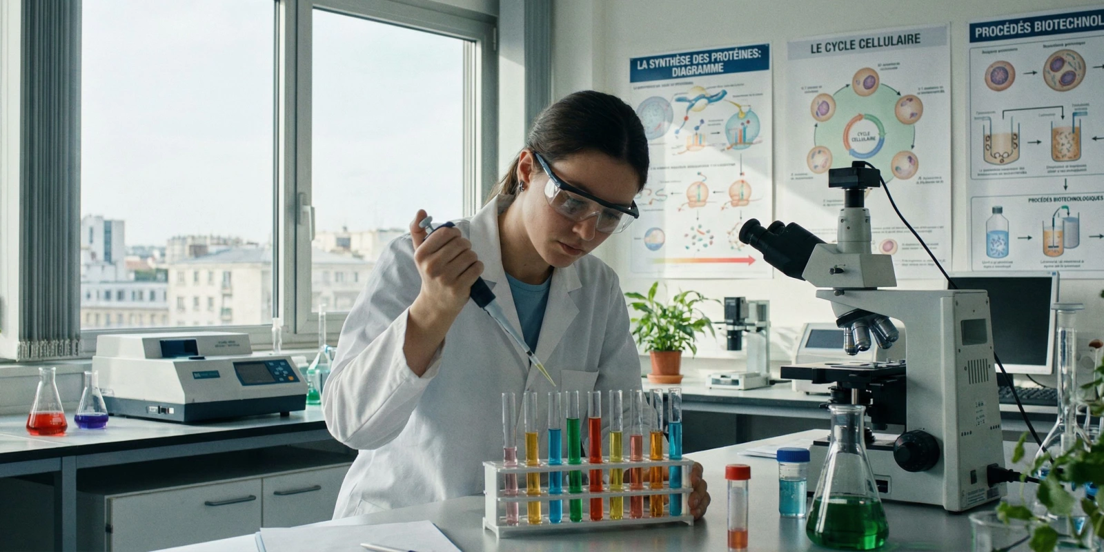 BTS BioRP : Débouchés, Métiers et Salaires en 2026 Technicien en blouse blanche manipulant des échantillons dans un laboratoire de biotechnologie moderne