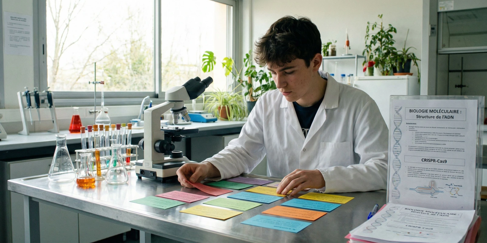 Fiches de révision BTS BioRP : la méthode qui marche Étudiant en BTS BioRP prenant des notes manuscrites sur des fiches de révision colorées en laboratoire