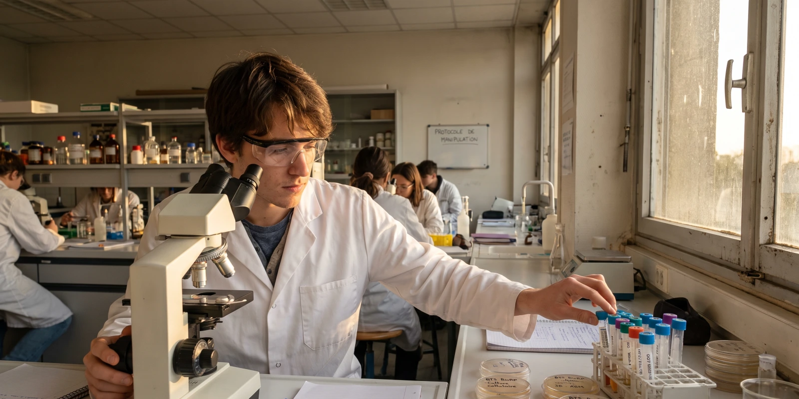 Les différences entre un BTS BioRP et un BTS ABM Un étudiant en blouse regarde au microscope dans un laboratoire, près de tubes et de boîtes de Petri